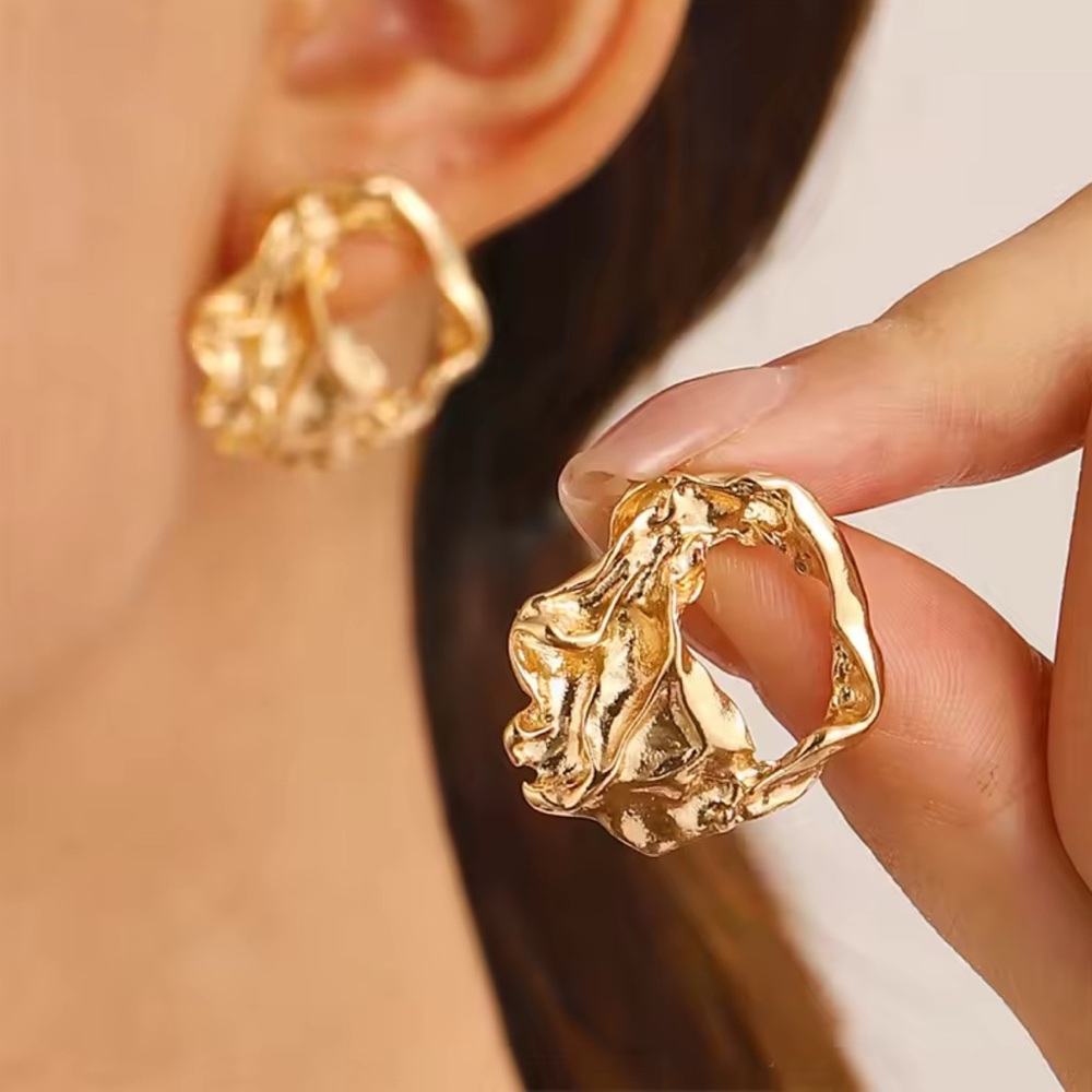 NEW Earrings Chunky Crumpled Molten Metal Gold Button Trending Fashion AU21